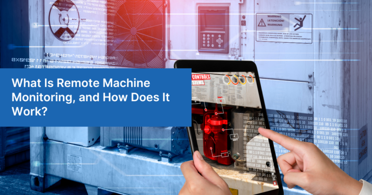 Illustration of Remote Machine Monitoring showing a person using a tablet to analyze industrial equipment with digital data overlays