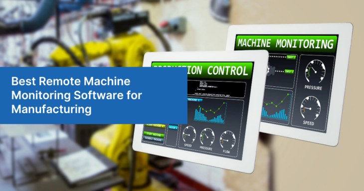 Tablet screens displaying remote machine monitoring software interface in a manufacturing environment with machines in the background.