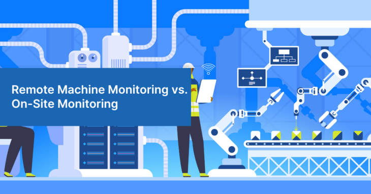 Comparison between remote machine monitoring and on-site monitoring systems on dual tablet screens in a manufacturing environment.