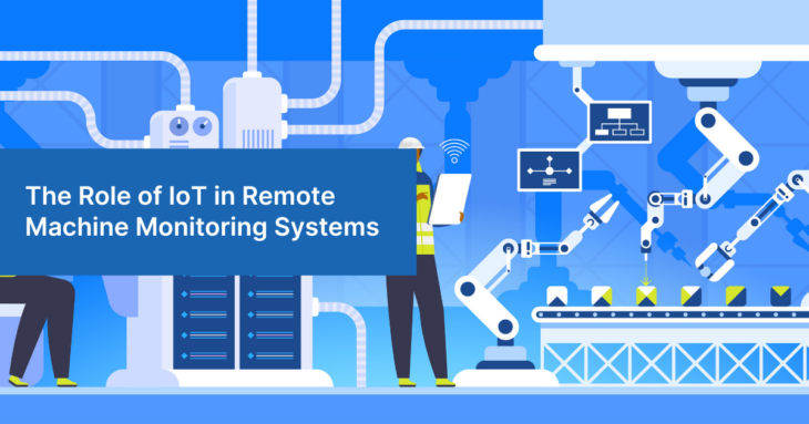 Tablet showing IoT-powered remote machine monitoring system with real-time data in a factory setting.