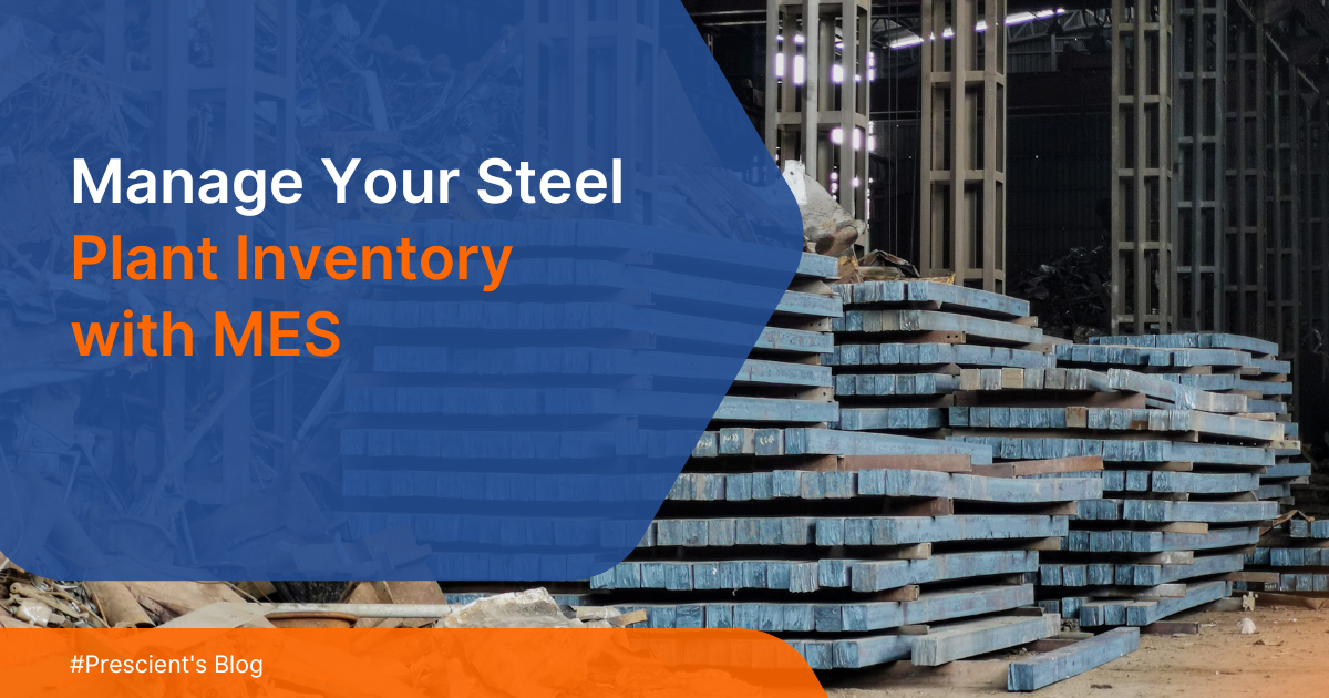 Steel plant inventory management system with MES technology showing organized storage and real-time stock data.